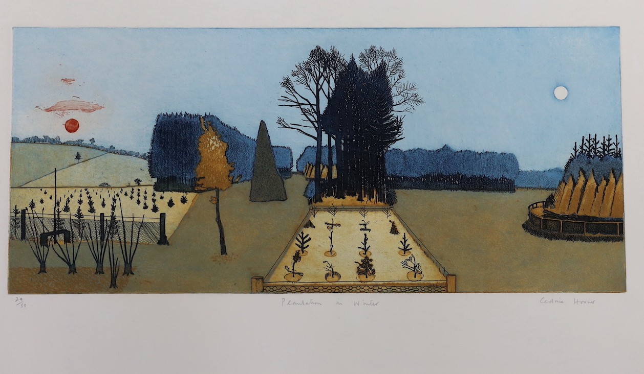 Cedric Horner (1937 - 2003), eight limited edition etchings, Plantation in Winter 29/50, Firework 6/50, The Visit 19/50, Christmas Tree 2/25 and 14/25, Fairground Figure, together with a figure sketch (8)